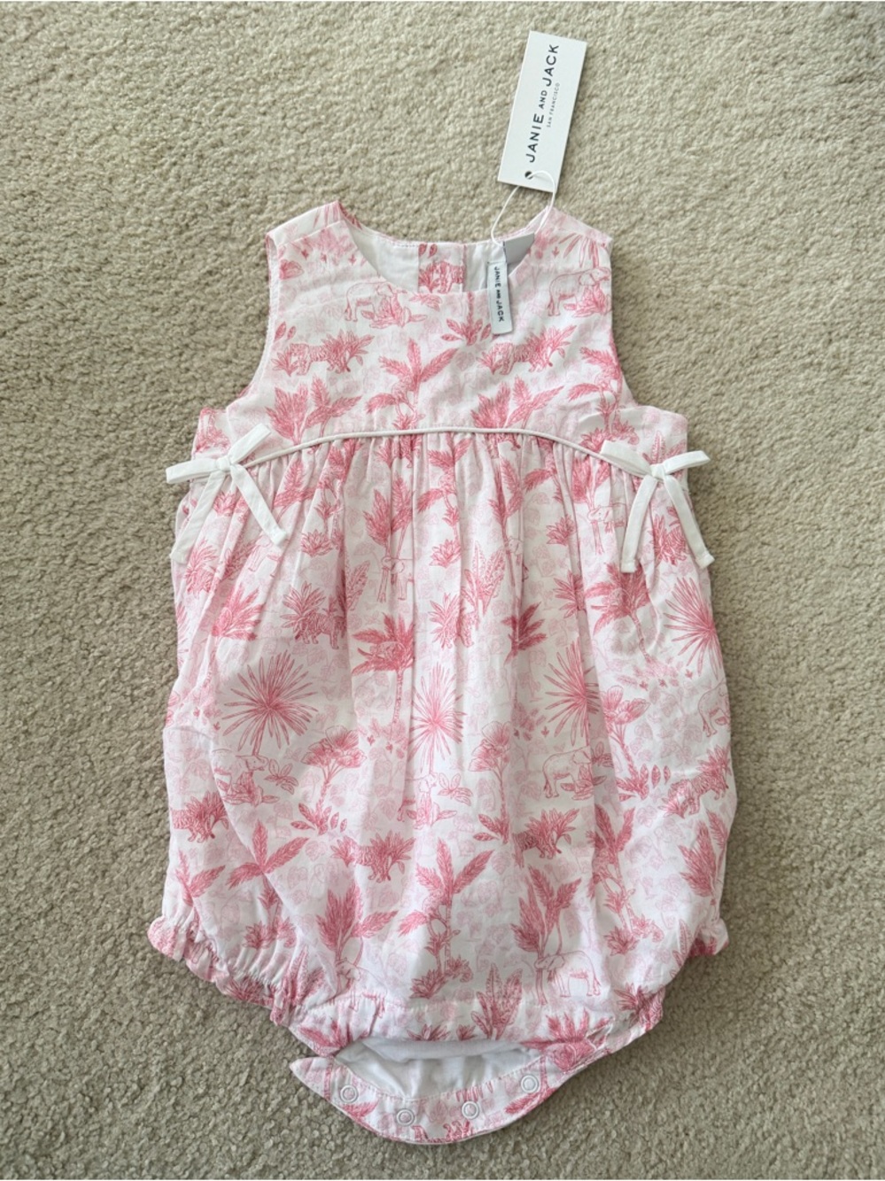 NWT- Janie and Jack Safari Toile Pink Floral Baby Romper